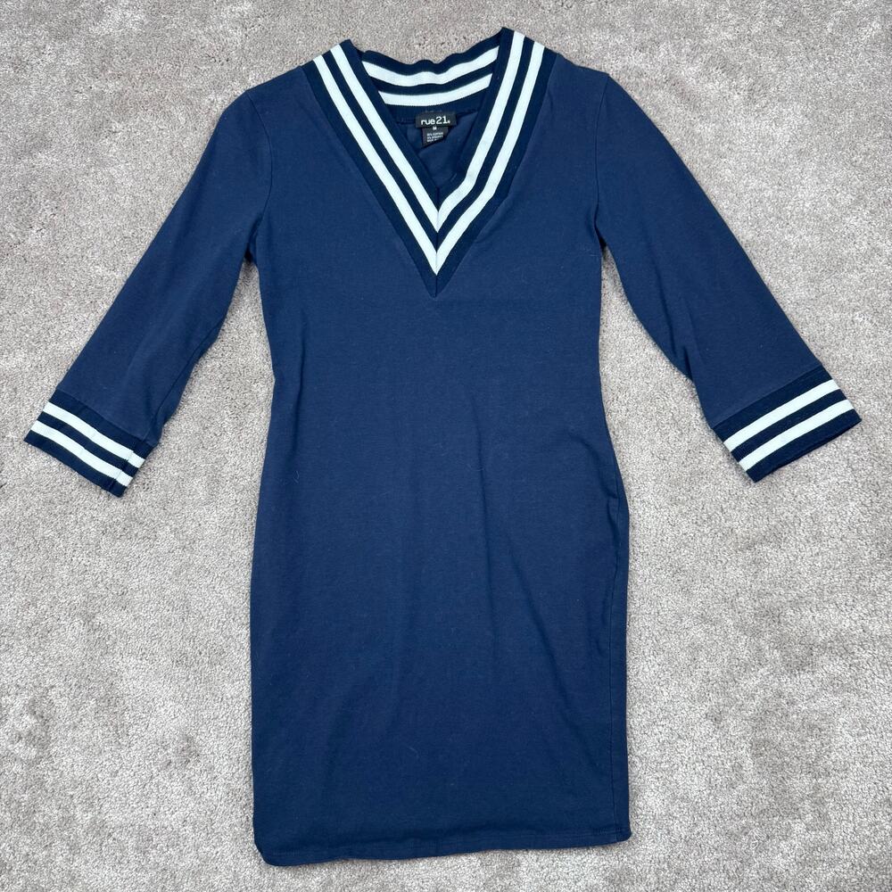 Rue21 Navy Varsity Stripe V Neck Bodycon Dress Size M Sweater Dress 3/4 Sleeve